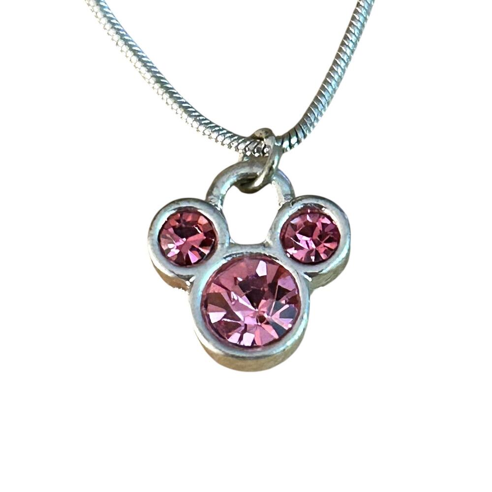 Disney Mickey Mouse Pink Crystal Bezel Set Silver Tone Necklace